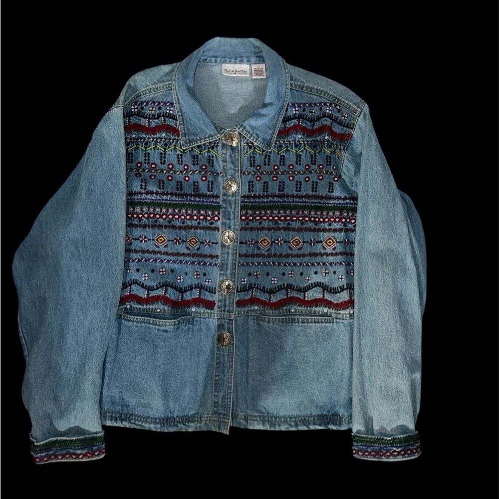 Vintage Denim Jacket with Colorful Pattern